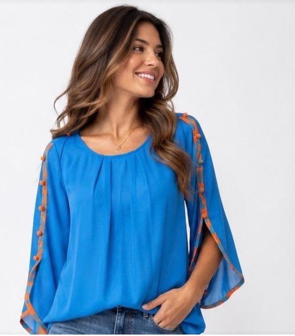Umgee Boho Chiffon Tunic Blouse Royal Blue Orange Pom Pom Split Sleeve L